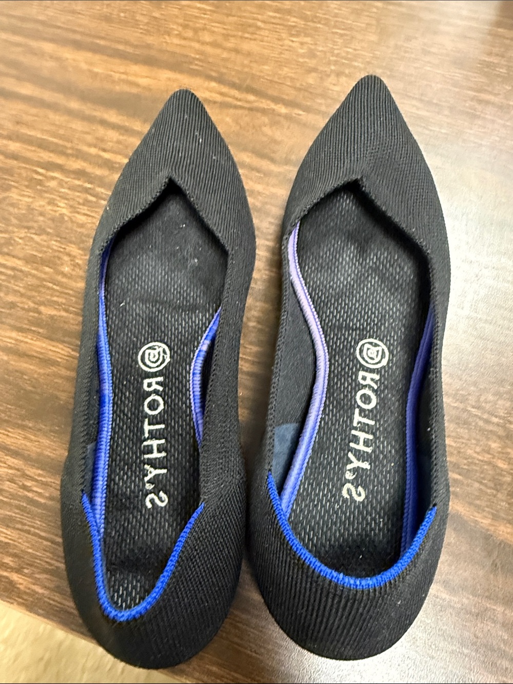 Rothy’s Black Pointed Toe Women's Flats with Blue Trim